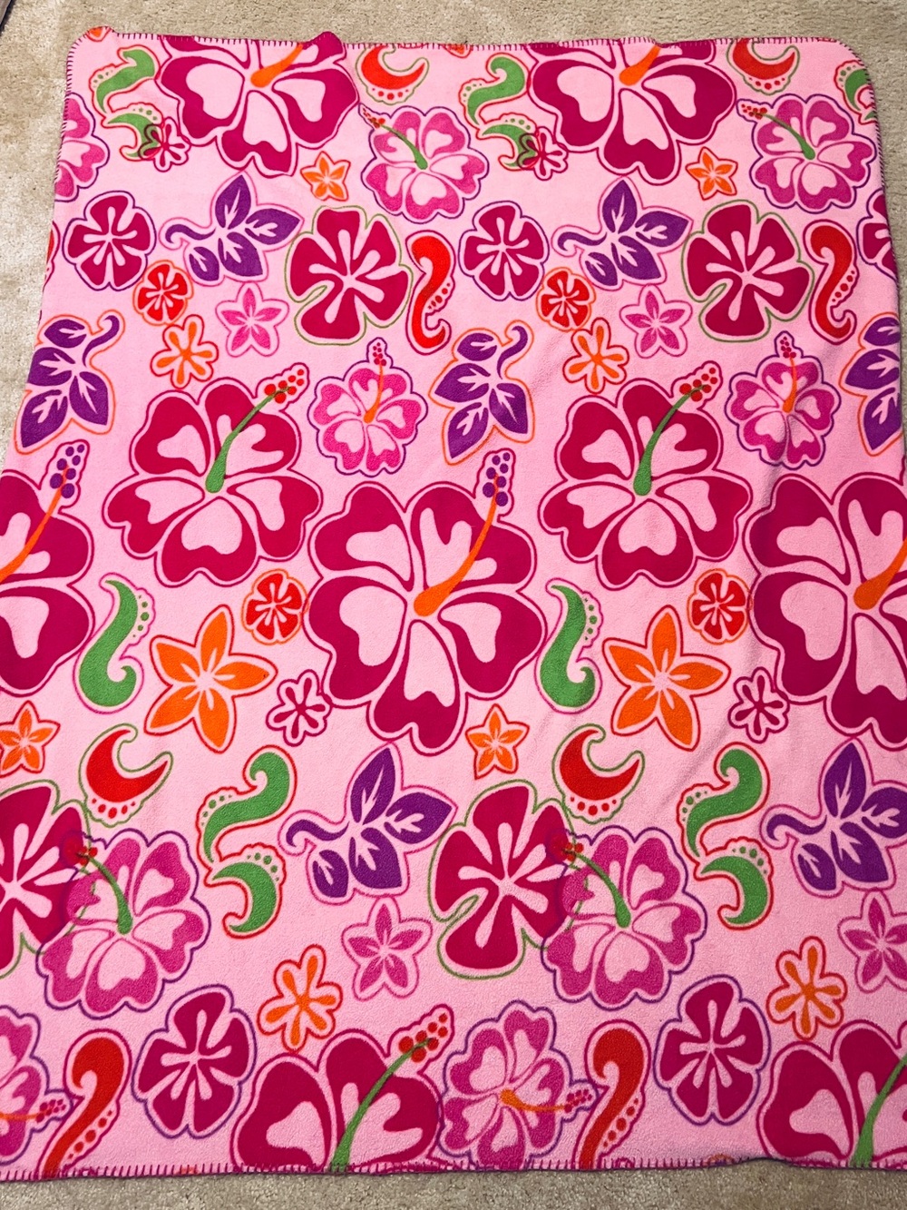 Pink Floral Fleece Blanket/Throw - Bright Hibiscus Print